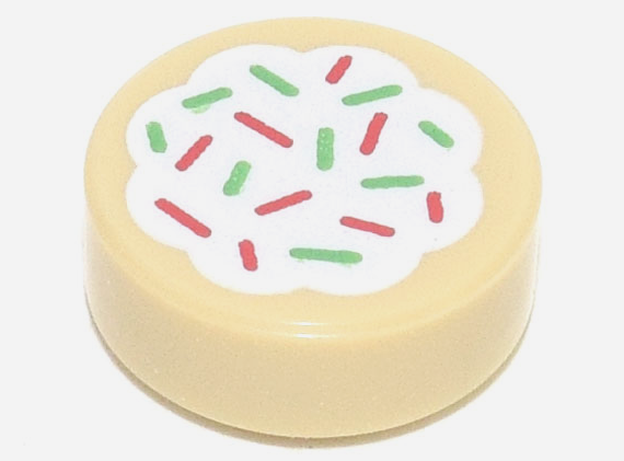 LEGO 98138pb256 - Tile, Round 1 x 1 with Cookie with White Frosting and Red and Green Sprinkles Pattern