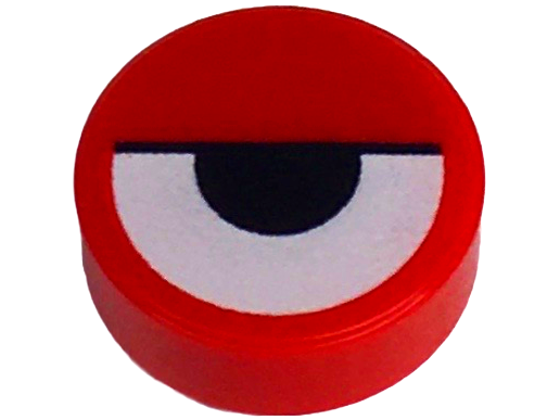 LEGO 98138pb388 - Tile, Round 1 x 1 with White Eye Partially Closed with Black Half Circle Pupil and Line Pattern - Image 1