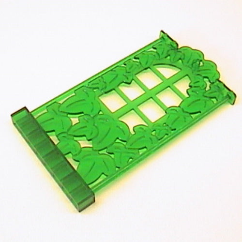 Translucent green LEGO Belville wall piece featuring an ivy vine design framing a window with a grid pattern.
