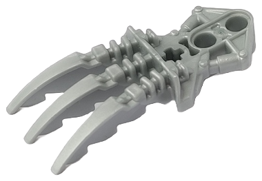 Light gray LEGO Bionicle claw piece with three sharp tines and two Technic pin holes at the base.