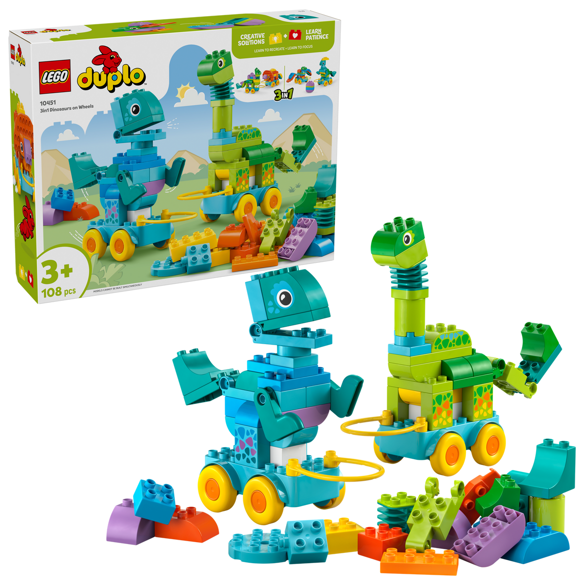 LEGO DUPLO 10451 3in1 Dinosaurs on Wheels, box and built models