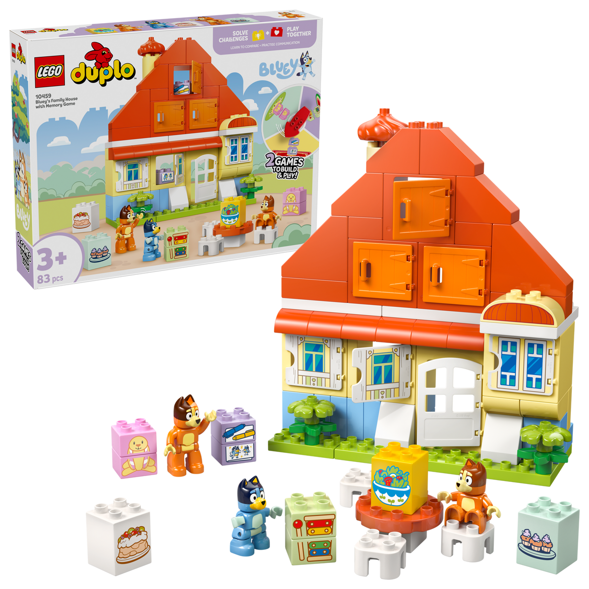 LEGO Bluey 10459 Bluey's Family House, box and built model