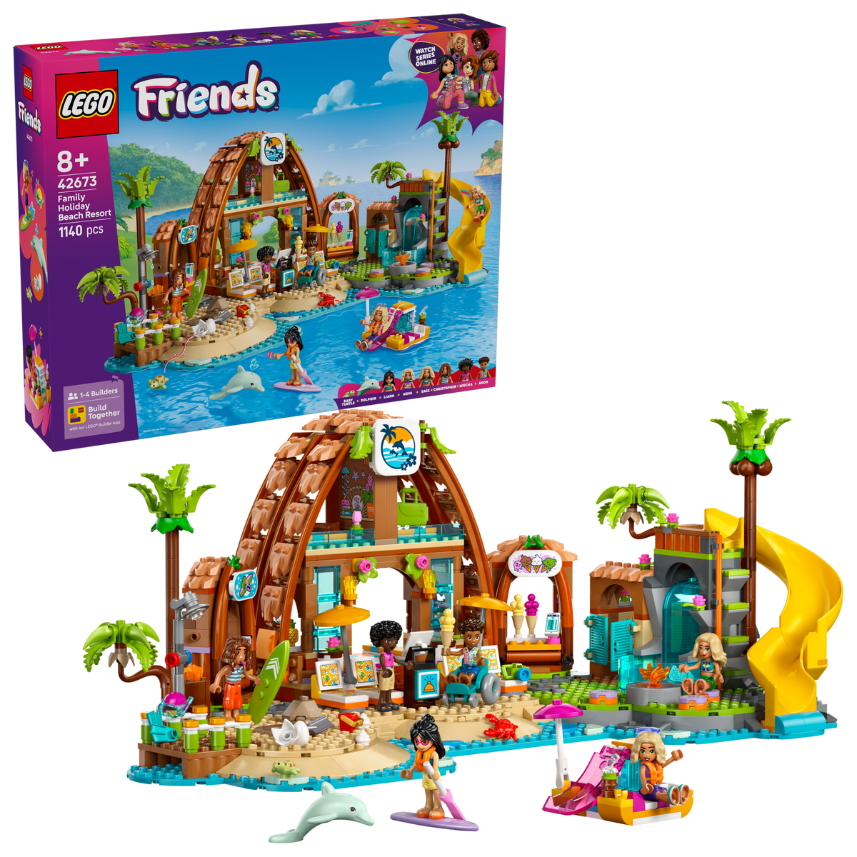 LEGO Friends 42673 Family Vacation Beach Resort, box and built model