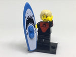 LEGO Collectible Minifigures 71018-1 Pro Surfer, minifigure with shark surfboard on display stand