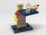LEGO Collectible Minifigures 71018-6 Hot Dog Vendor, minifigure with tray, hot dog and drink on display stand