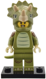 LEGO Collectible Minifigures 71045-8 Triceratops Costume Fan, minifigure on display stand