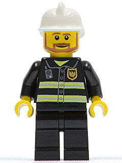 LEGO Minifigure cty0022 - Fire - Reflective Stripes, Black Legs, White Fire Helmet, Brown Beard Angular