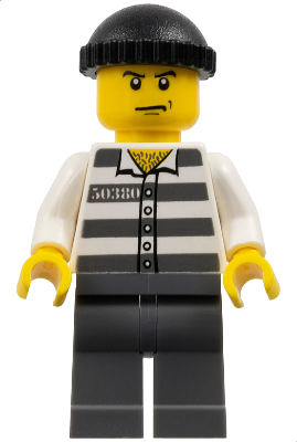 LEGO Minifigure cty0100 - Politie - Gevangene 50380 Gestreept Gevangenisuniform, Donker Blauwgrijze Benen, Zwarte Muts, Boze Wenkbrauwen en Frons