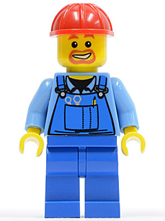 LEGO Minifigure cty0159 - Overalls with Tools in Pocket Blue, Red Construction Helmet, Beard Around Mouth