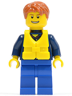 LEGO Minifigure cty0232a - Plaid Button Shirt, Blue Legs, Dark Orange Short Tousled Hair, Yellow Life Jacket Center Buckle, Thin Grin with Teeth - Image 1