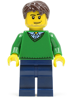 LEGO Minifigure cty0261 - Green V-Neck Sweater, Dark Blue Legs, Dark Brown Short Tousled Hair, Smirk and Stubble Beard