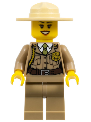 LEGO Minifigure cty0263 - Forest Police - Dark Tan Jacket with Pockets, Gold Badge and Braid, Olive Green Tie, Dark Tan Legs, Campaign Hat - Authentic LEGO Minifigure Main Image