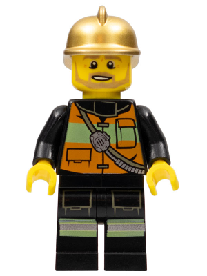 LEGO Minifigure cty0345 - Fire Chief - Reflective Stripes with Pockets and Shoulder Strap, Gold Fire Helmet - Authentic LEGO Minifigure Main Image