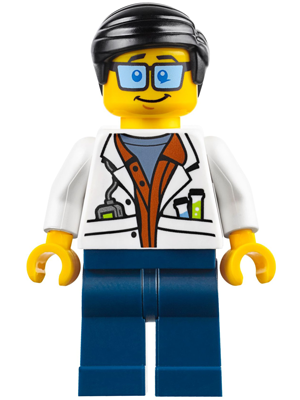 LEGO Minifigure cty0789 - City Jungle Scientist - White Lab Coat with Test Tubes, Dark Blue Legs, Black Smooth Hair