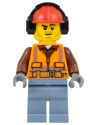 LEGO Minifigure cty0955 - Construction Worker - Male, Orange Safety Vest, Reflective Stripes, Reddish Brown Shirt, Sand Blue Legs, Red Construction Helmet with Black Ear Protectors / Headphones, Stubble
