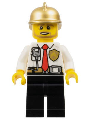 LEGO Minifigure cty0973 - Fire - White Shirt with Tie and Belt and Radio, Black Legs, Gold Fire Helmet - Authentic LEGO Minifigure Main Image
