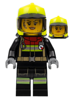 LEGO Minifigure cty1399 - Fire - Female, Black Jacket and Legs with Reflective Stripes and Red Collar, Neon Yellow Fire Helmet, Trans-Brown Visor, Splotches - Authentic LEGO Minifigure Main Image