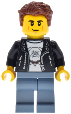 LEGO Minifigure cty1946 - Hot Rod Driver - Male, Black Leather Jacket, Sand Blue Legs, Reddish Brown Hair - Image 1