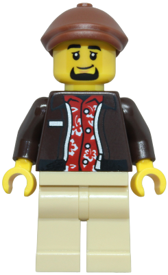 LEGO Minifigure cty1953 - Taxi Driver - Male, Dark Brown Jacket over Red Hawaiian Shirt, Tan Legs, Reddish Brown Flat Cap - Image 1