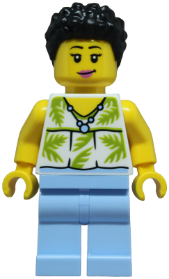 LEGO Minifigure cty1954 - Tourist - Female, White Sleeveless Top with Lime Palm Leaves, Bright Light Blue Legs, Black Hair