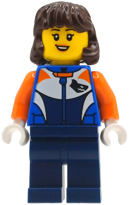 LEGO Minifigure cty1997 - Bike Racer - Female, Racing Suit with Shark Head Logo, Dark Blue Legs, Dark Brown Hair Mid-Length