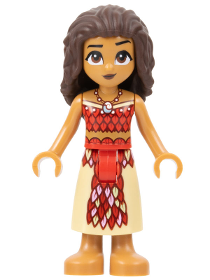 LEGO Minifigure dp171 - Moana (Medium Nougat) - Mini Doll, Dark Red and Red Strapless Top, Tan Long Skirt with Feathers, Dark Brown Hair - Authentic LEGO Minifigure Main Image