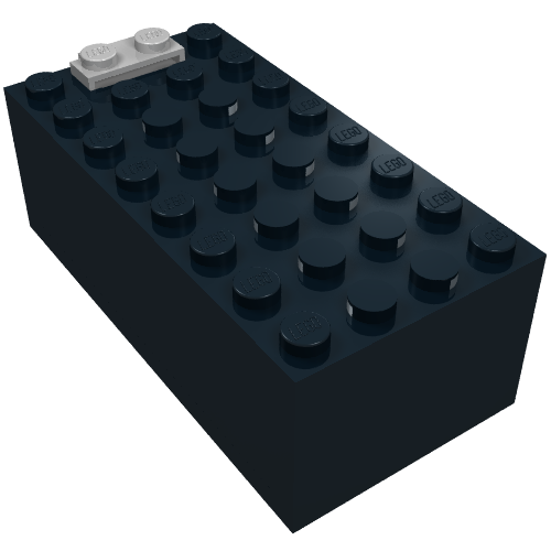 A black LEGO Electric 9V Battery Box Small Assembly with a light gray 1x2 plate on its surface.