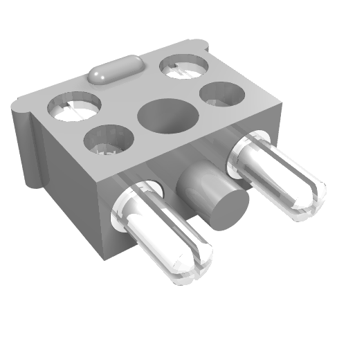 Gray electric connector, 2-way male, squared narrow, with a center post and two transparent pins.