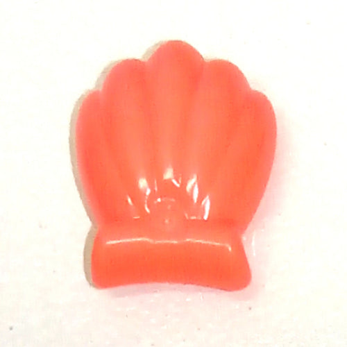 Small coral-colored plastic clam shell accessory, featuring a ridged fan shape at the top and a flat base.