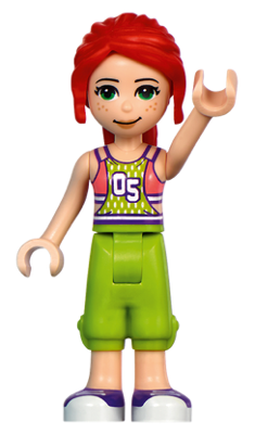 LEGO Minifigure frnd0446 - Friends Mia - Coral and Lime Jersey, Lime Trousers, Dark Purple and White Shoes - Image 1