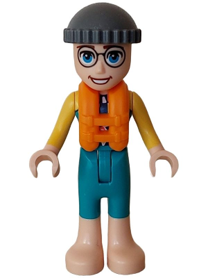 LEGO Minifigure frnd0649 - Friends Gunnar - Dark Turquoise and Yellow Wetsuit Long Sleeves, Dark Bluish Gray Knit Cap, Orange Life Jacket, Bare Feet