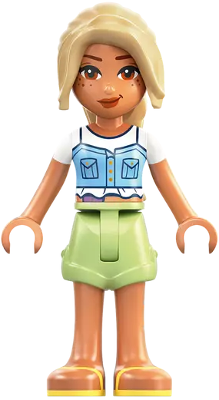 LEGO Minifigure frnd0841 - Friends Sara - Bright Light Blue Top, Ostomy Bag, Yellowish Green Shorts, Bright Light Yellow Sandals - Image 1