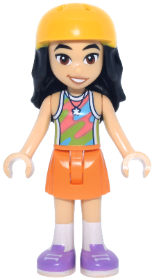 LEGO Minifigure frnd0866 - Friends Liann - Lime, Coral and Medium Azure Tank Top, Orange Skirt, Medium Lavender Shoes, Bright Light Orange Helmet - Image 1