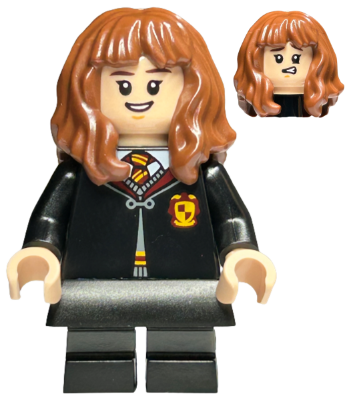 LEGO Minifigure hp439 - Hermione Granger - Gryffindor Robe Clasped, Black Skirt, Black Short Legs with Dark Bluish Gray Stripes, Open Mouth Smile / Confused