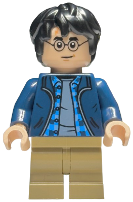 LEGO Minifigure hp544 - Harry Potter - Dark Blue Open Jacket over Plaid Shirt with Collar and Sand Blue Shirt, Dark Tan Medium Legs - Image 1