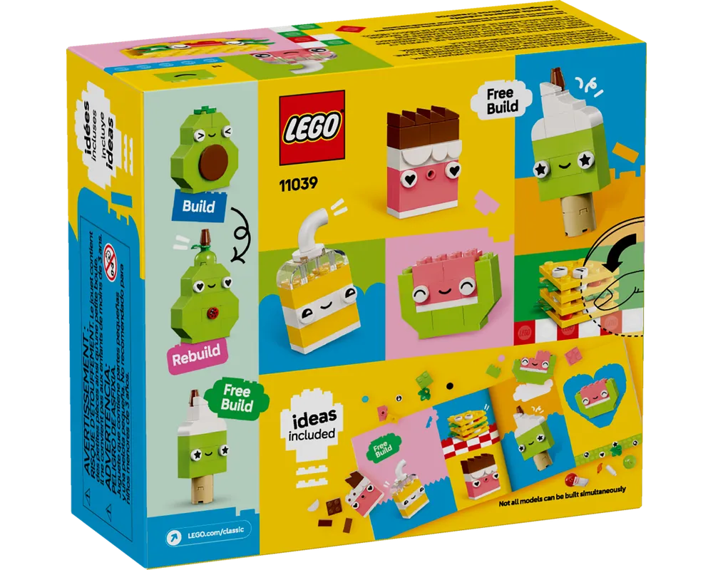 Back of LEGO Classic 11039 Creative Food Friends box showing brick-built food models: avocado, milkshake, drink, watermelon, ice cream.