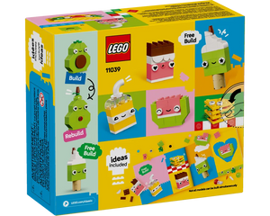 Back of LEGO Classic 11039 Creative Food Friends box showing brick-built food models: avocado, milkshake, drink, watermelon, ice cream.