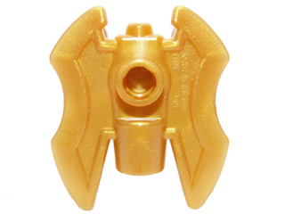 Gold LEGO minifigure weapon axe head, double-bladed with a central bar holder and hollow stud.