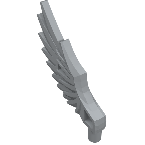 Grey LEGO minifigure feathered wing part 11100 with a stud connector, angled view.