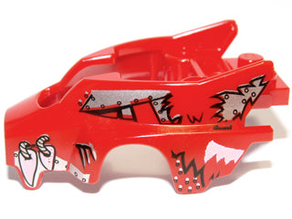 Red LEGO flywheel fairing piece with a wolf shape, fangs, silver patched details, and white jagged patterns.