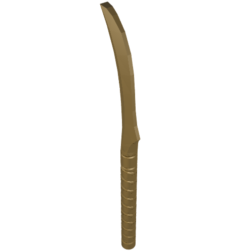 A gold LEGO elven warrior blade sword with a curved blade and a long, ridged hilt, standing upright on a white background.