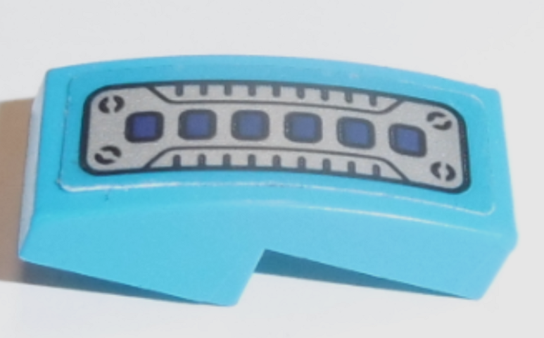 Light blue curved LEGO slope 2x1x2/3 with a silver panel sticker featuring five dark purple squares and screw-like accents.