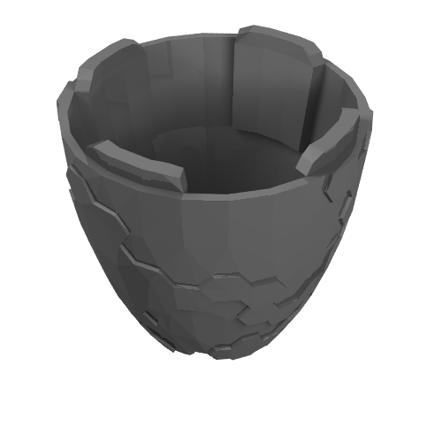 A grey LEGO 11598 Faceted 4x4x3 Container, Alien Pod Section, with a textured polygonal exterior and open top.