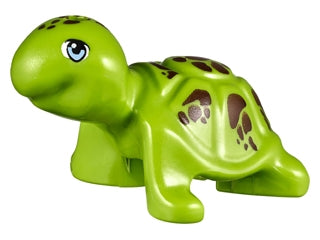 Bright green LEGO Friends turtle minifigure with bright light blue eyes and reddish-brown spots pattern on its shell.