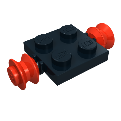 Black LEGO Plate, Modified 2 x 2 with two red pulley wheels attached on either side.
