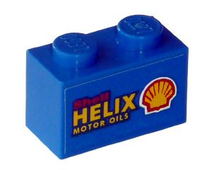 A blue LEGO 1x2 brick featuring a 'Shell HELIX MOTOR OILS' logo and a red and yellow Shell scallop shell emblem.