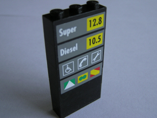 Black LEGO stickered assembly 3x1x5 showing a gas station sign with 'Super 12.8', 'Diesel 10.5', and service icons.