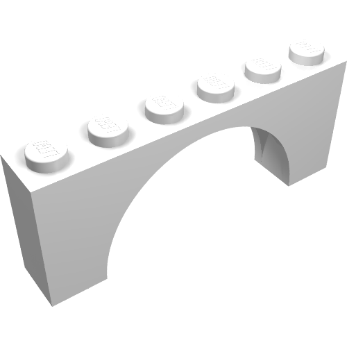 White LEGO Arch 1 x 6 x 2 Thin Top brick, angled view showing six studs and an arched opening below.