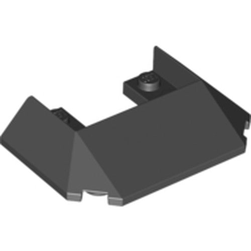 A black LEGO Wedge 6 x 4 Cutout (Train Roof) with 5 Large Bottom Tubes, shown from an angled perspective.