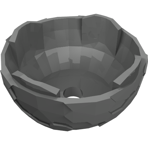 Dark grey faceted LEGO container, bowl-shaped with an irregular, angular texture and a hole in the bottom center.